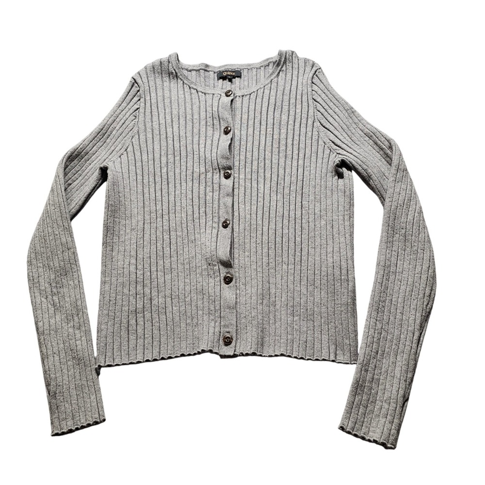Quince Ribbed Knit Button Front Cardigan Womens Large Grey Long Sleeve Slim Fit